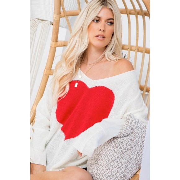 SOLD OUT White Red Heart Knit V-Neck Valentines Day Long Sleeve Relaxed Sweater - Picture 2 of 10